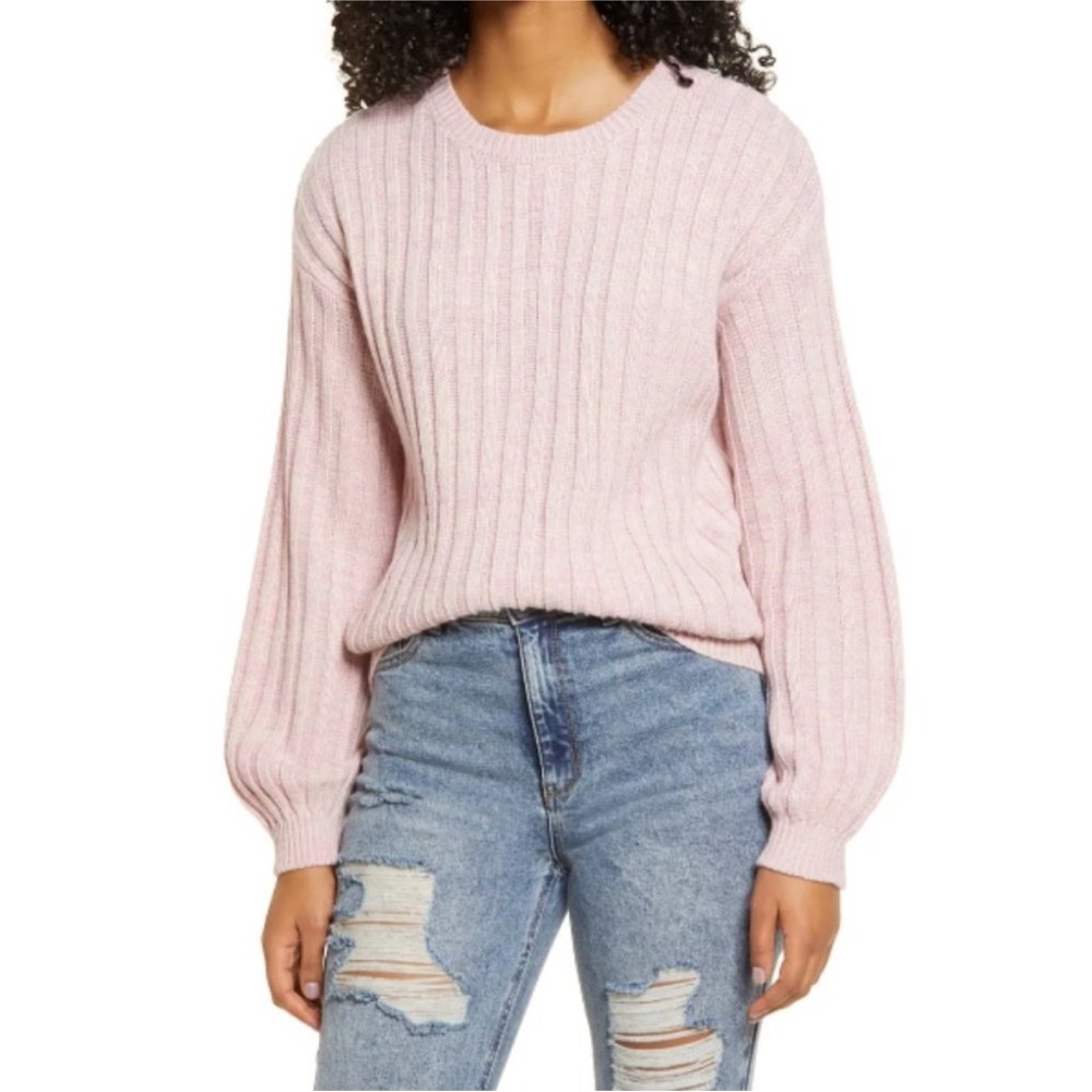 Blank NYC Ribbed Knit Oversized Puff Sleeve Pullover Sweater Mauve Pink XS